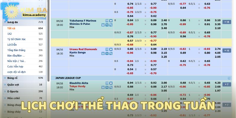 Lịch chơi thể thao trong tuần
